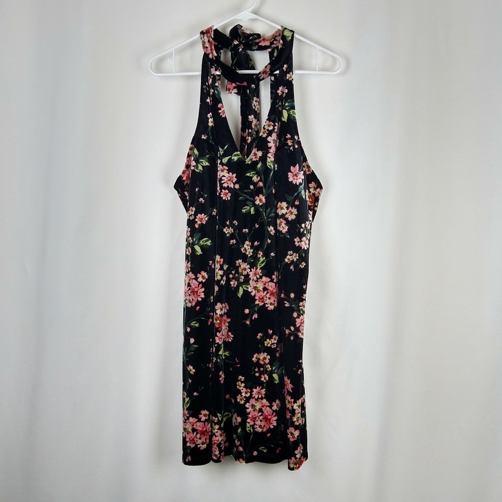 Lush Black Pink Floral Velvet Halter Dress Large